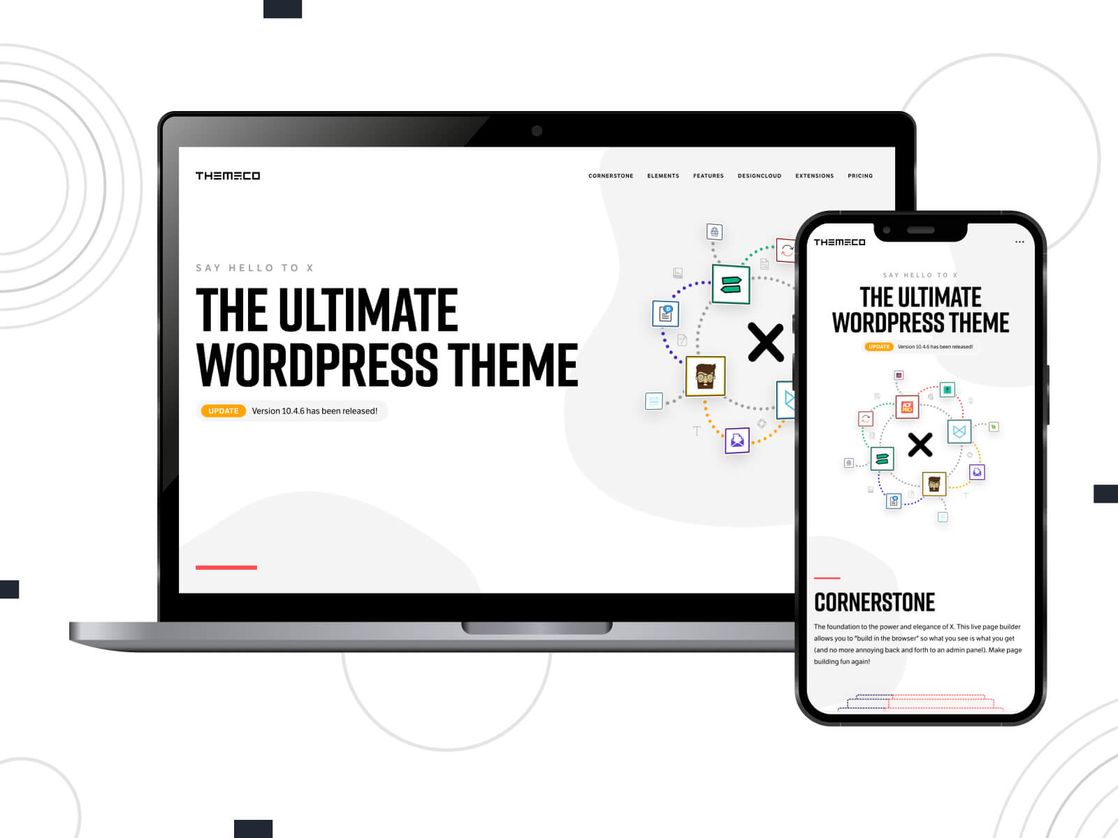 Image of X - luminous, cool, this feature-laden template is recognized as one of the best WordPress themes for diverse online needs in medium sea green, goldenrod, and indian red hues.
