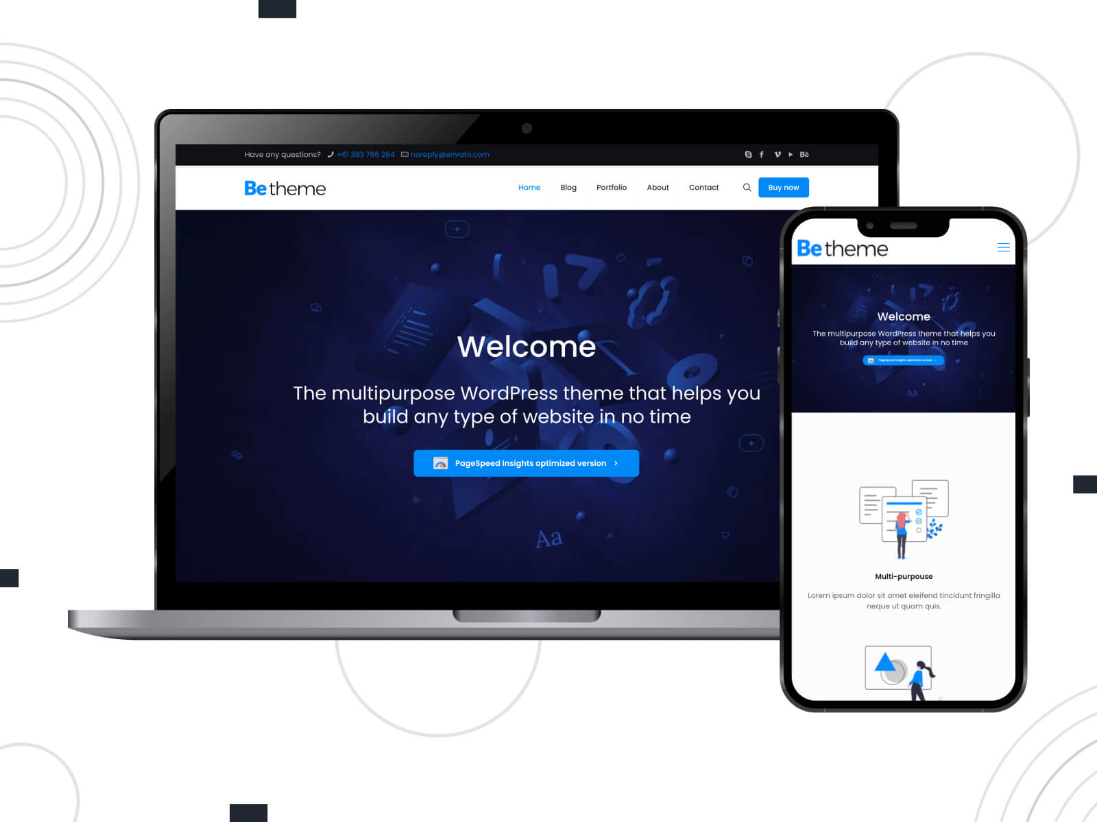 Screenshot of BeTheme - dark, calm template that ranks among the greatest WordPress themes with its romantic storytelling timelines and photo galleries in black, dark slate blue, and dodger blue color scheme.