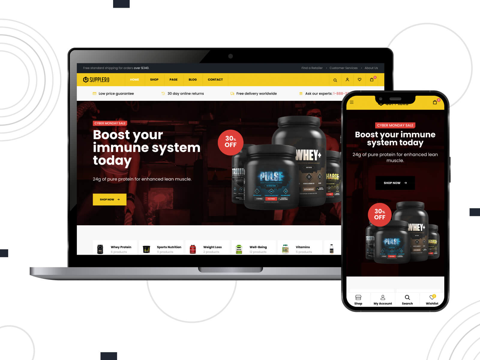 Picture of Supplero - customizable Elementor template for modern landing pages in goldenrod, gold, crimson, black, and maroon color palette.