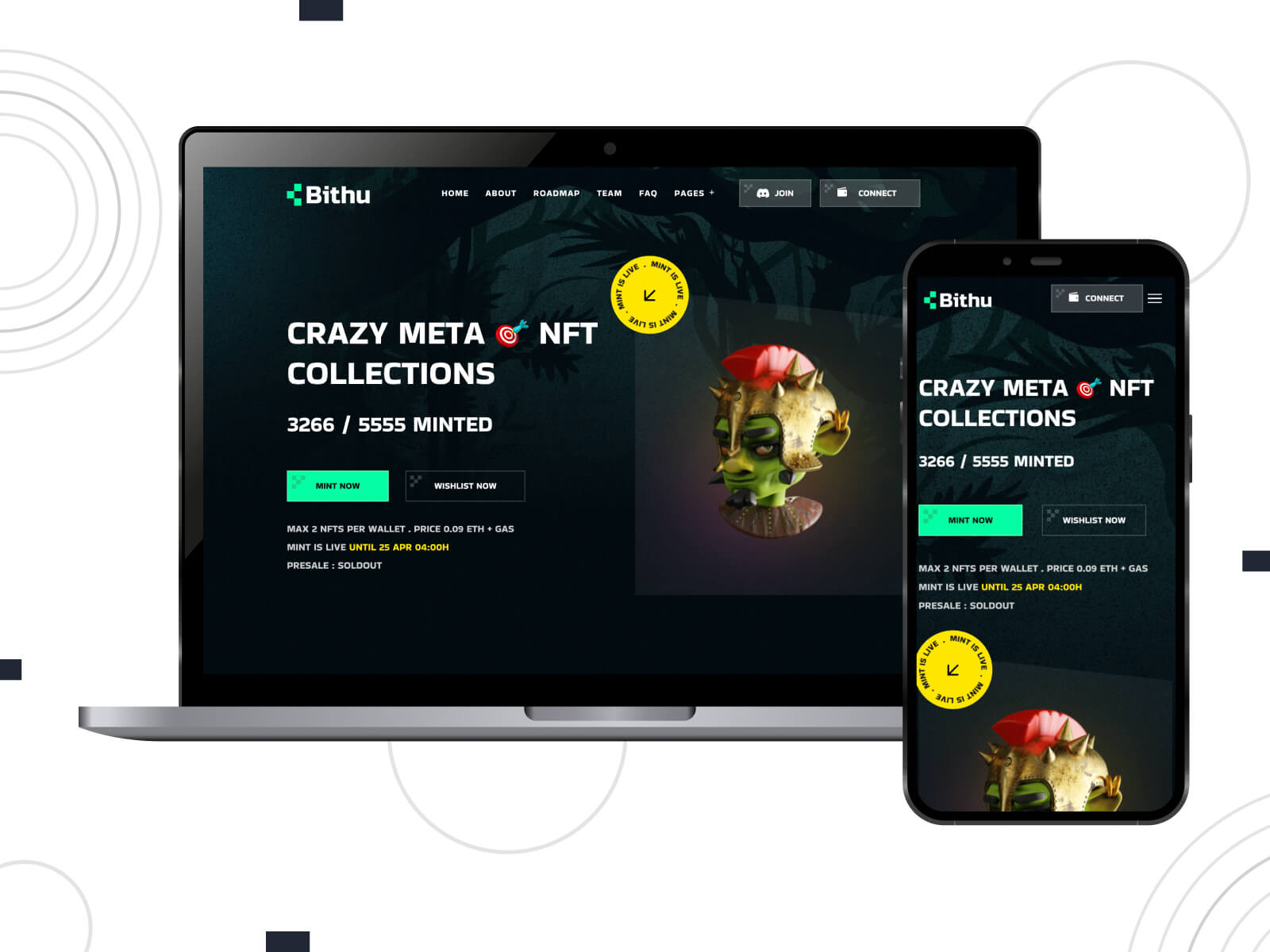 Illustration of Bithu - sleek Elementor template for visually appealing landings in goldenrod, gold, darkolivegreen, sienna, and mediumspringgreen color array.