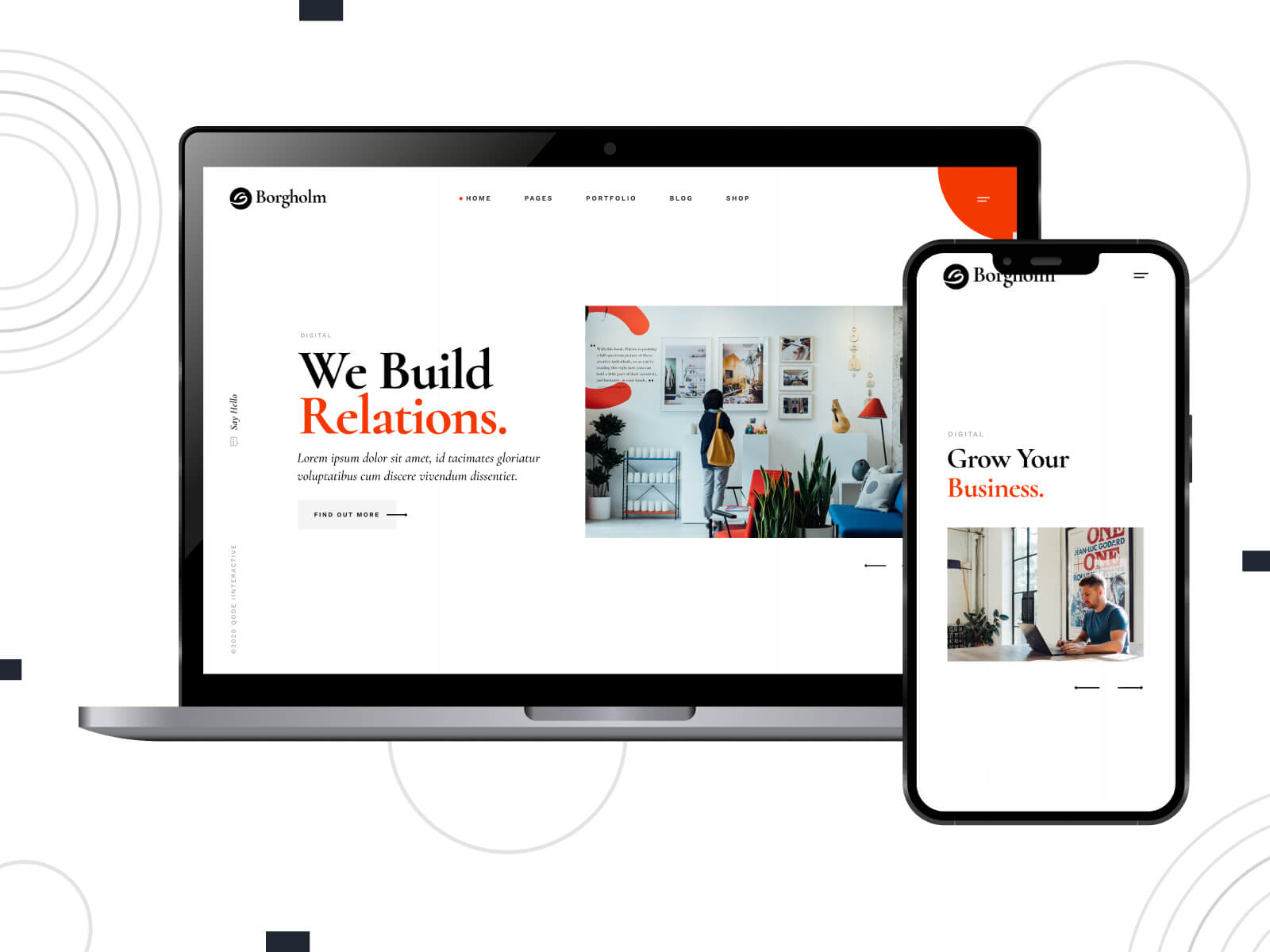 Illustration of Borgholm - responsive landing page design using Elementor builder in tomato, silver, orangered, teal, and saddlebrown color combination.