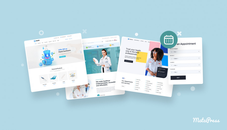 Collage of the best pharmacy WordPress themes with three screenshots and booking widget in blue and white colors.