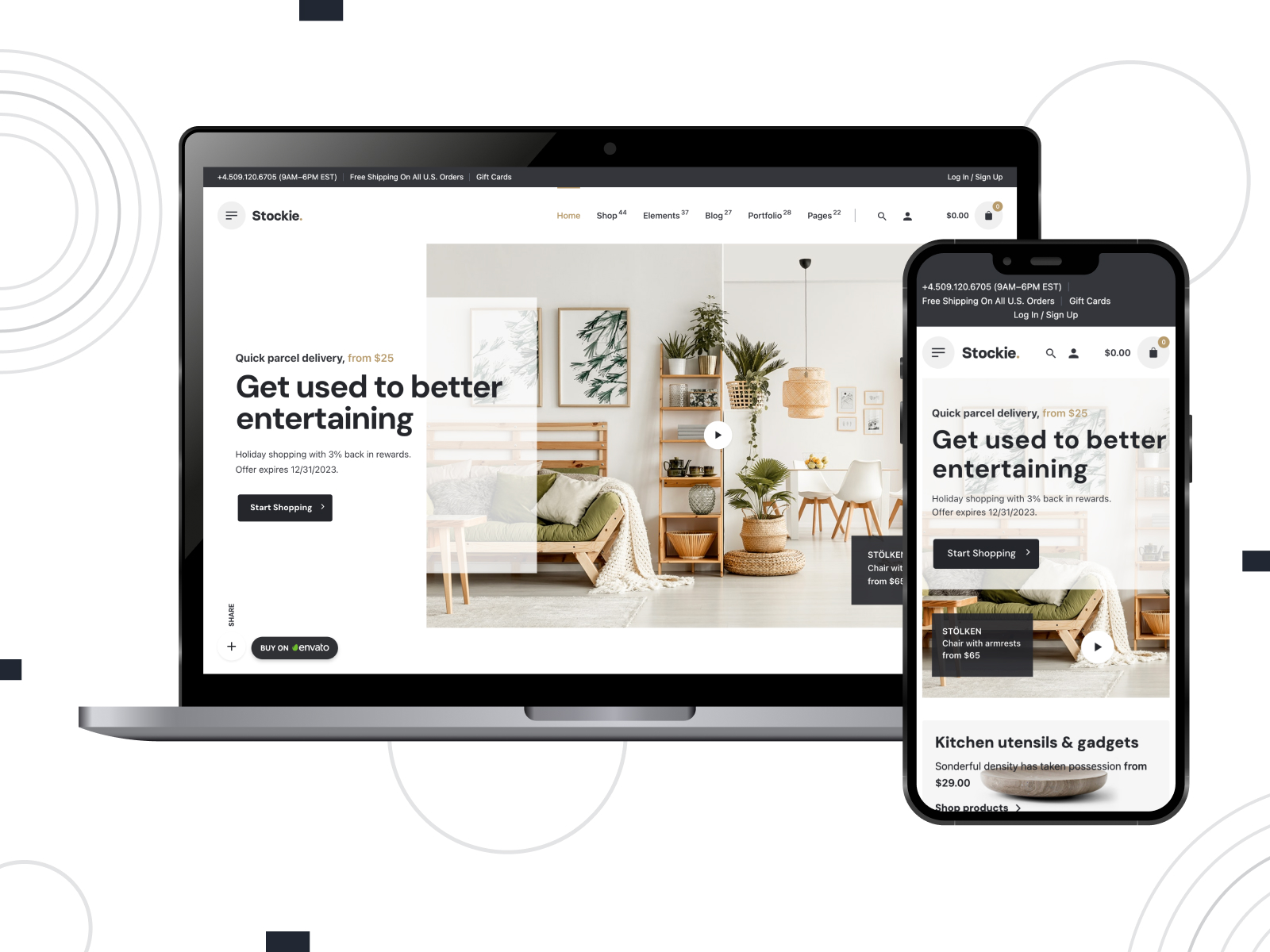 Illustration of Stockie, an engaging WordPress theme for handmade stores with a range of bundled plugins in white, darkgoldenrod, and black tonal scheme.