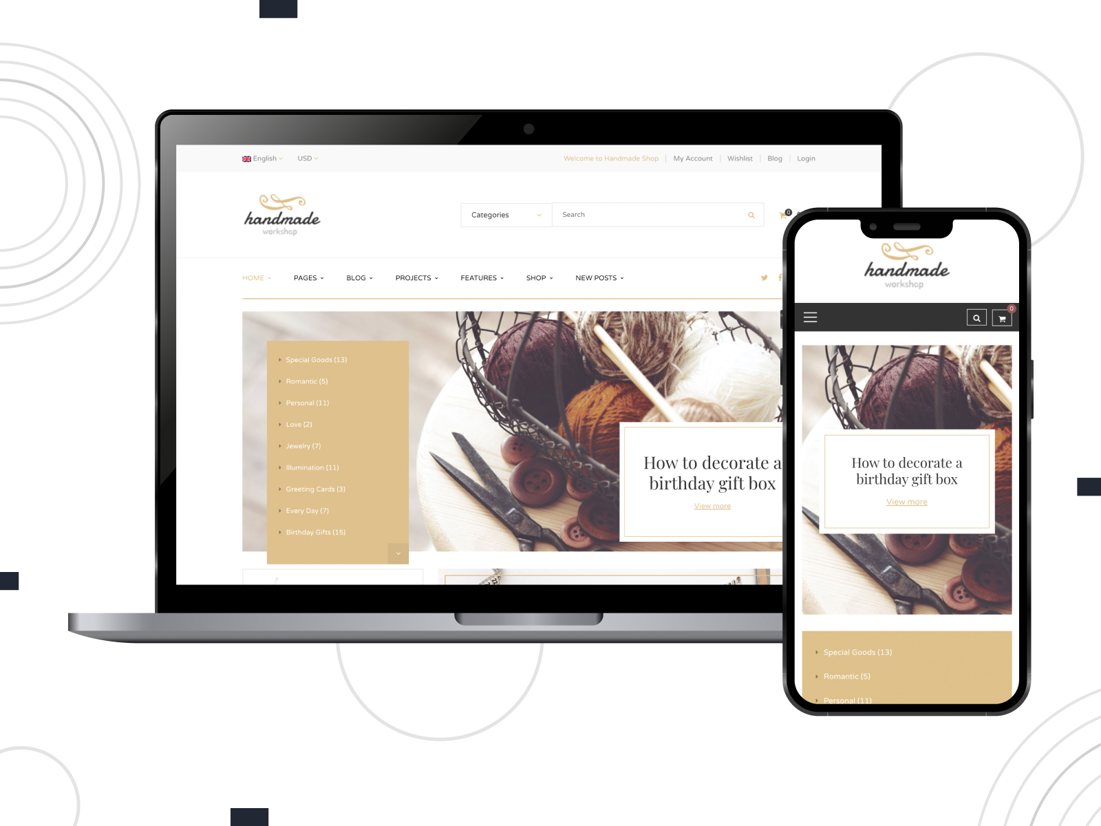 Rendering of Handmade, a fast-loading WordPress theme for handmade stores with a responsive design in goldenrod, white, and black color scheme.