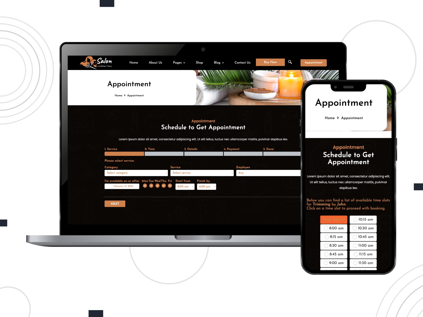 Graphic of Hairstylist Salon, one of the free appointment booking WordPress themes providing a variety of customizable sections and elements.