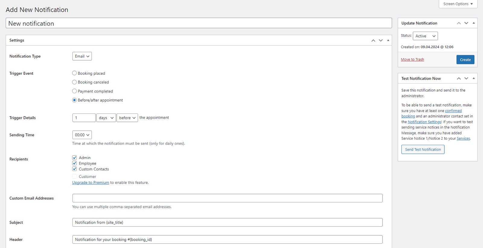 Picture of notification settings in the Appointment Booking dashboard.