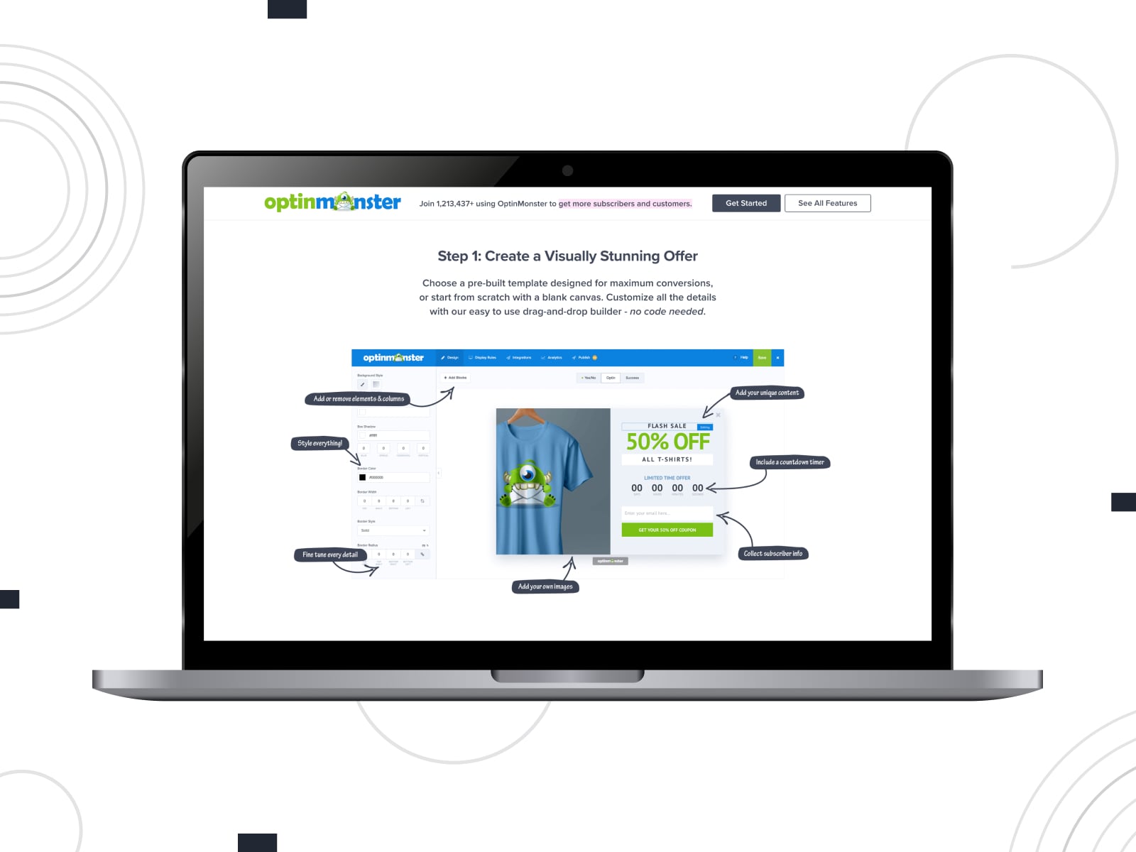 Collage of the OptinMonster landing page tool homepage i blue, white and green colors.